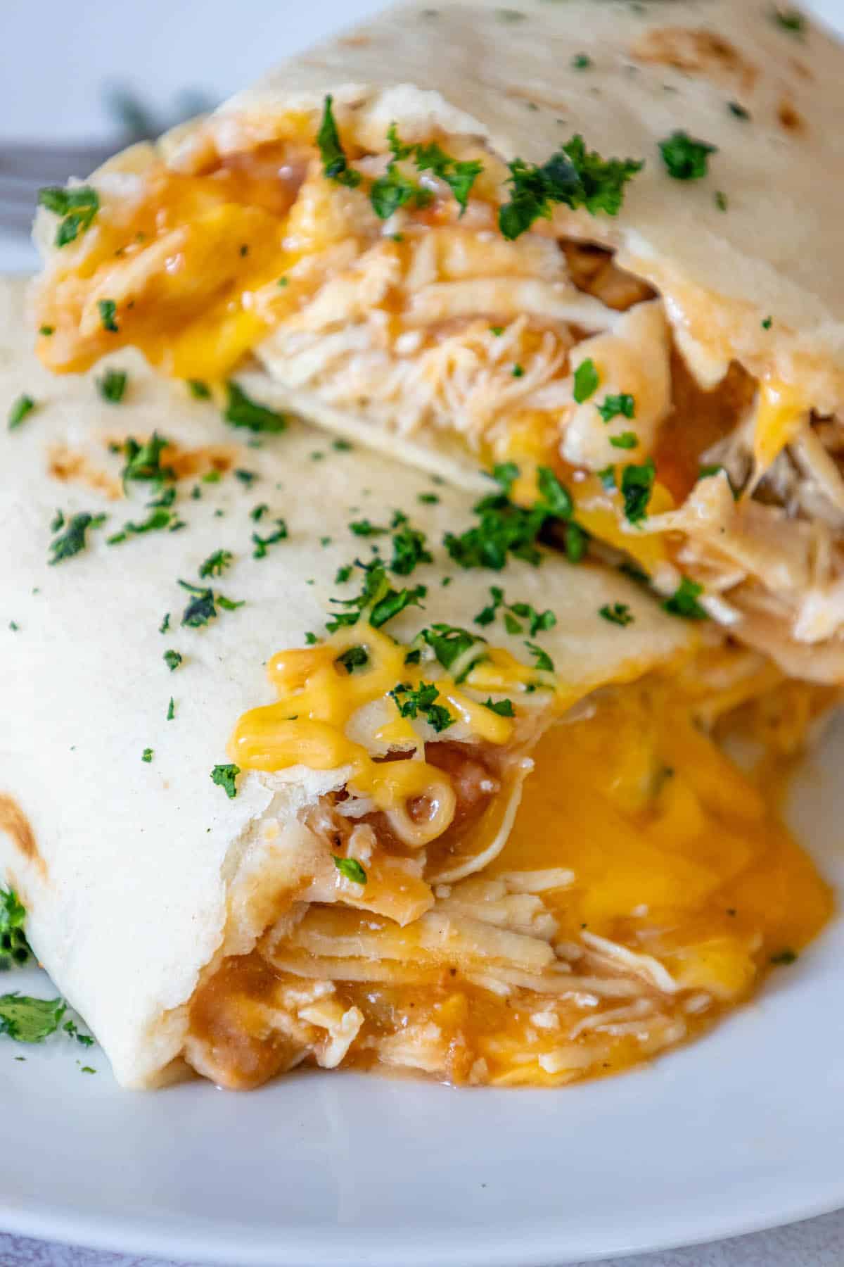 Baked chicken quesadillas on a white plate.