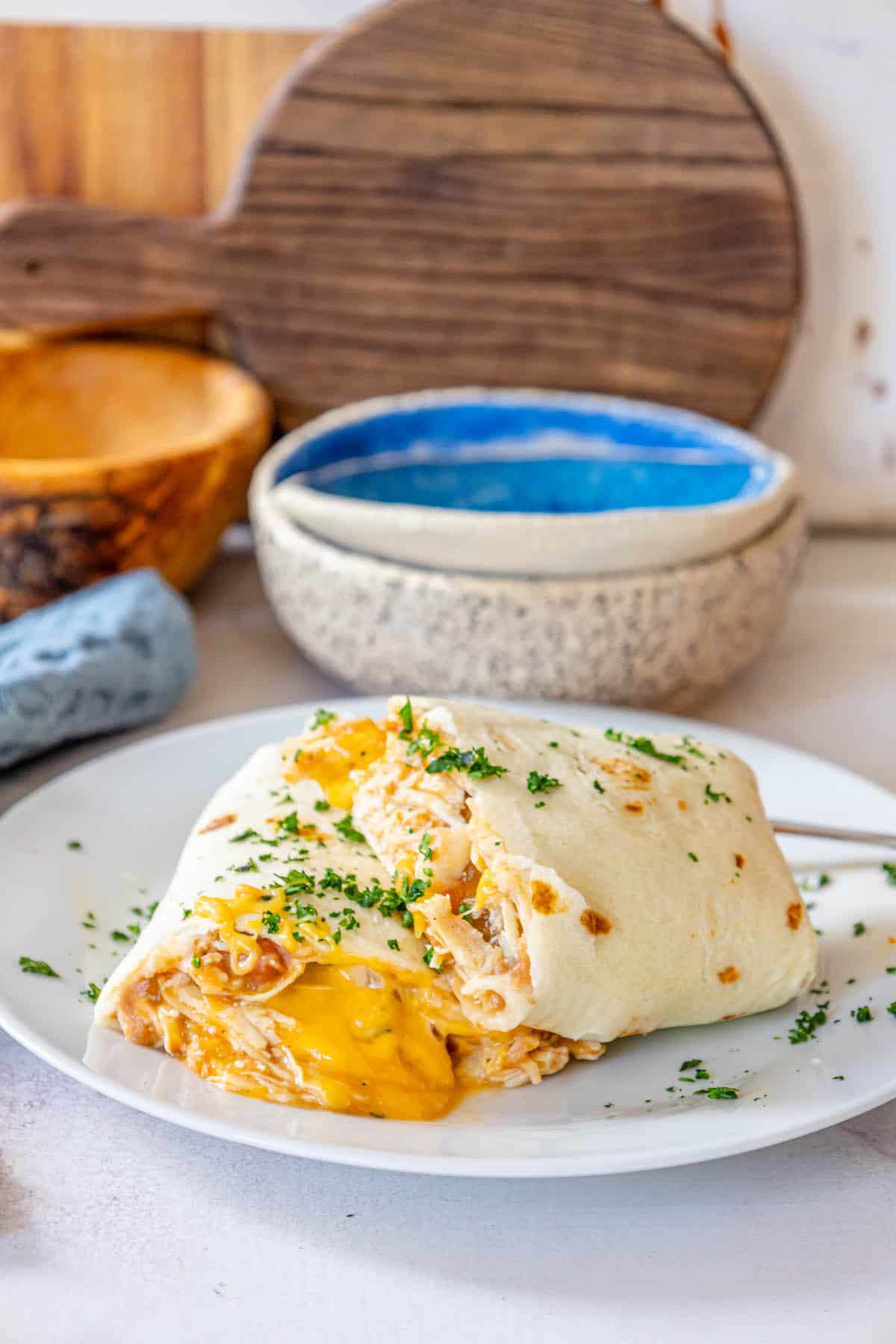 Baked chicken quesadilla on a white plate.