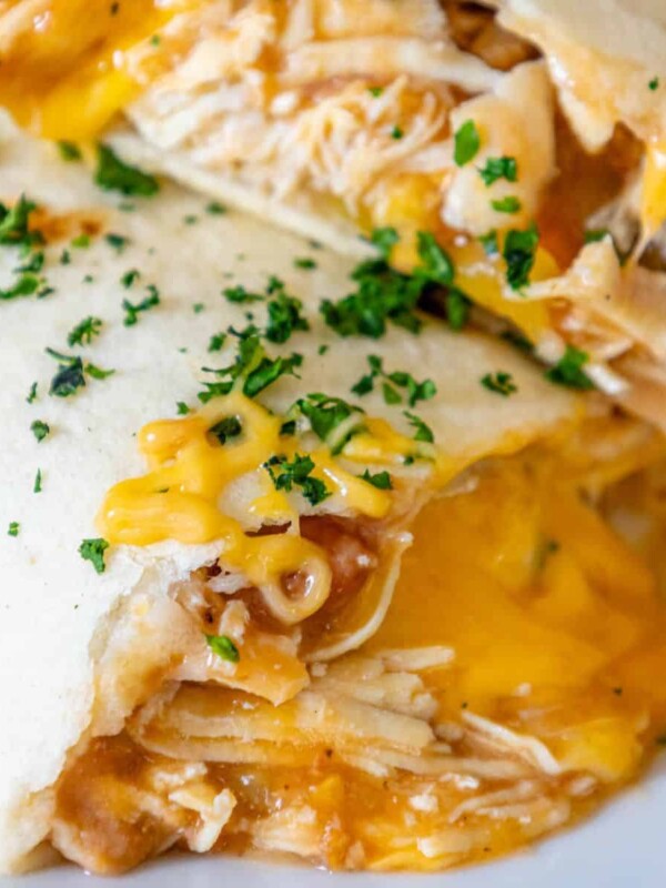 Cheesy chicken burrito on a white plate, baked.