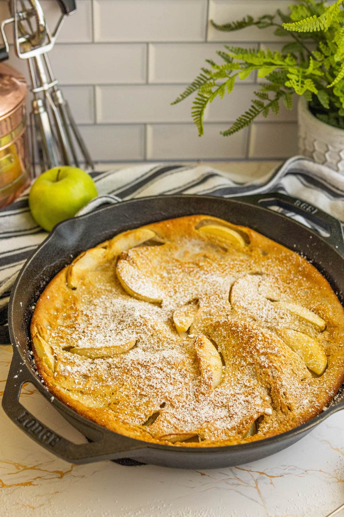 picture of a pancake with apples and powdered sugar on it in a cast iron skillet