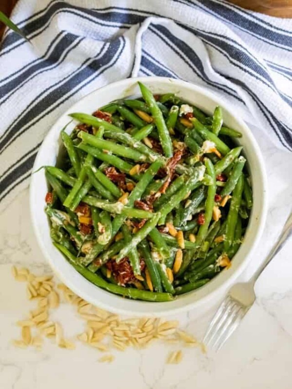 Green bean salad with almonds and pine nuts.