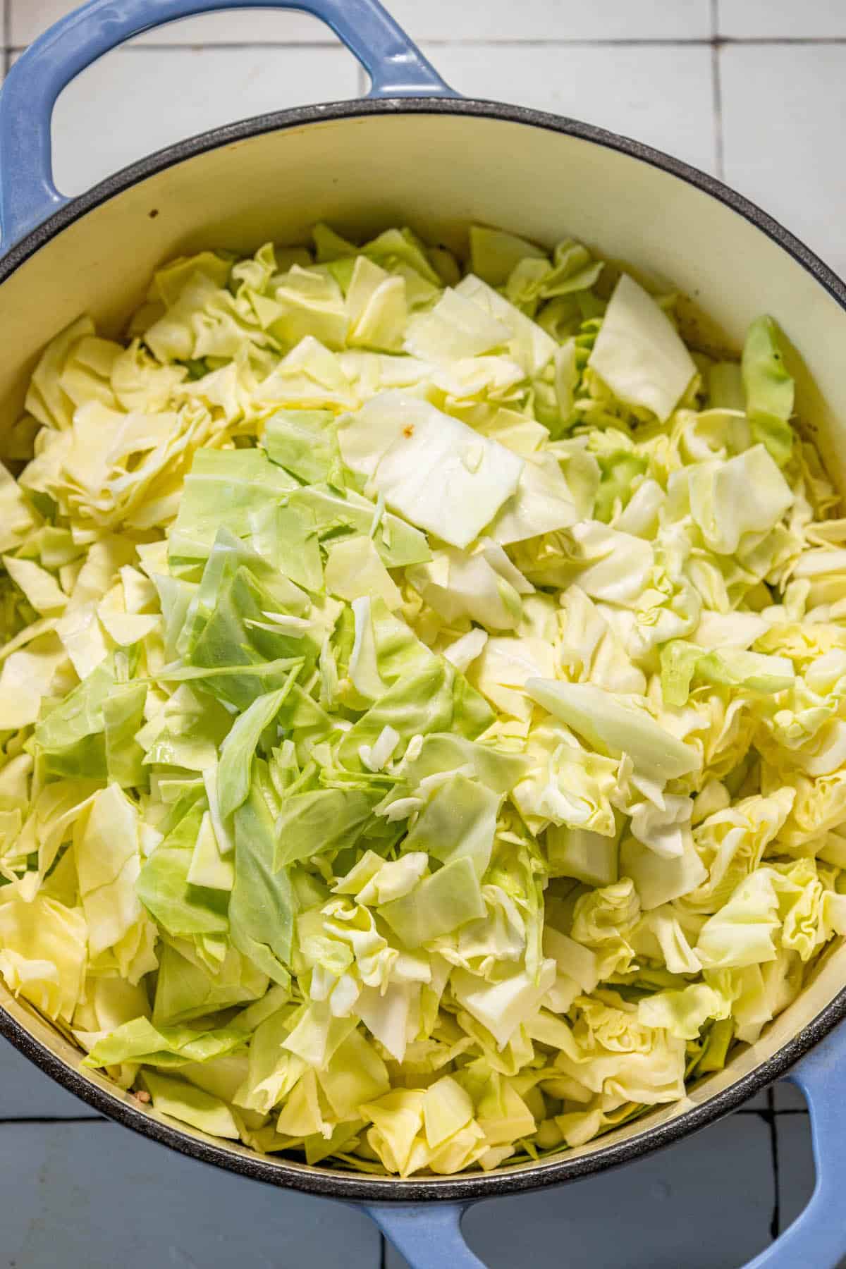 One Pot Hamburger Cabbage Soup recipe features cabbage in a blue pot.