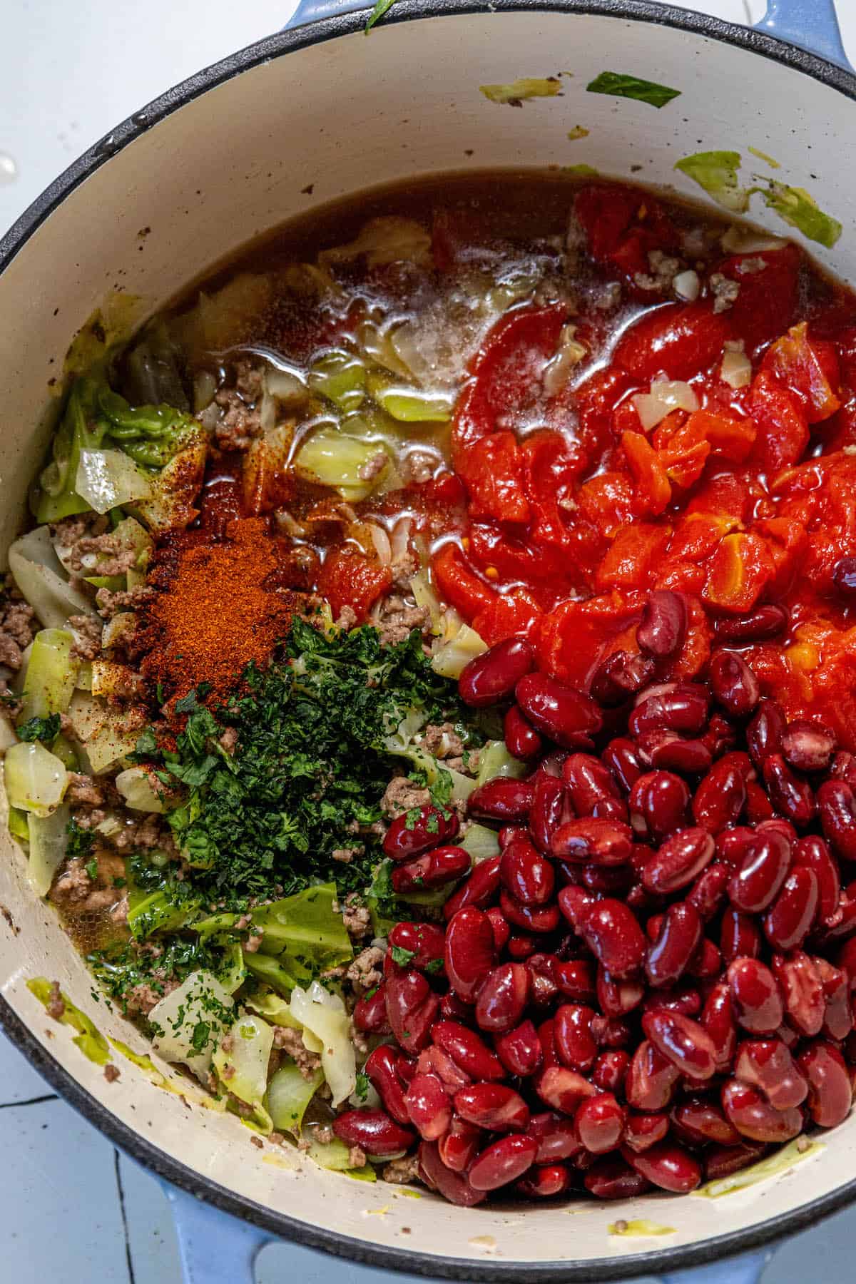 A one-pot cabbage soup with beans and tomatoes.