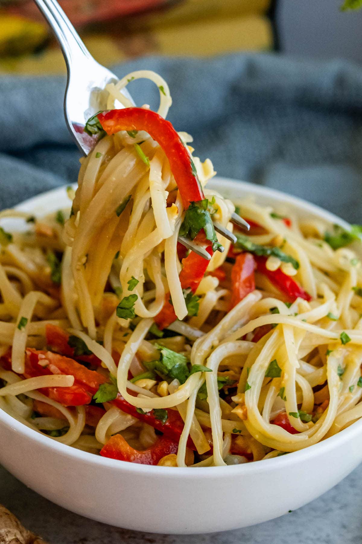 noodles with dressing, peppers, peanuts, and cilantro, limes around it
