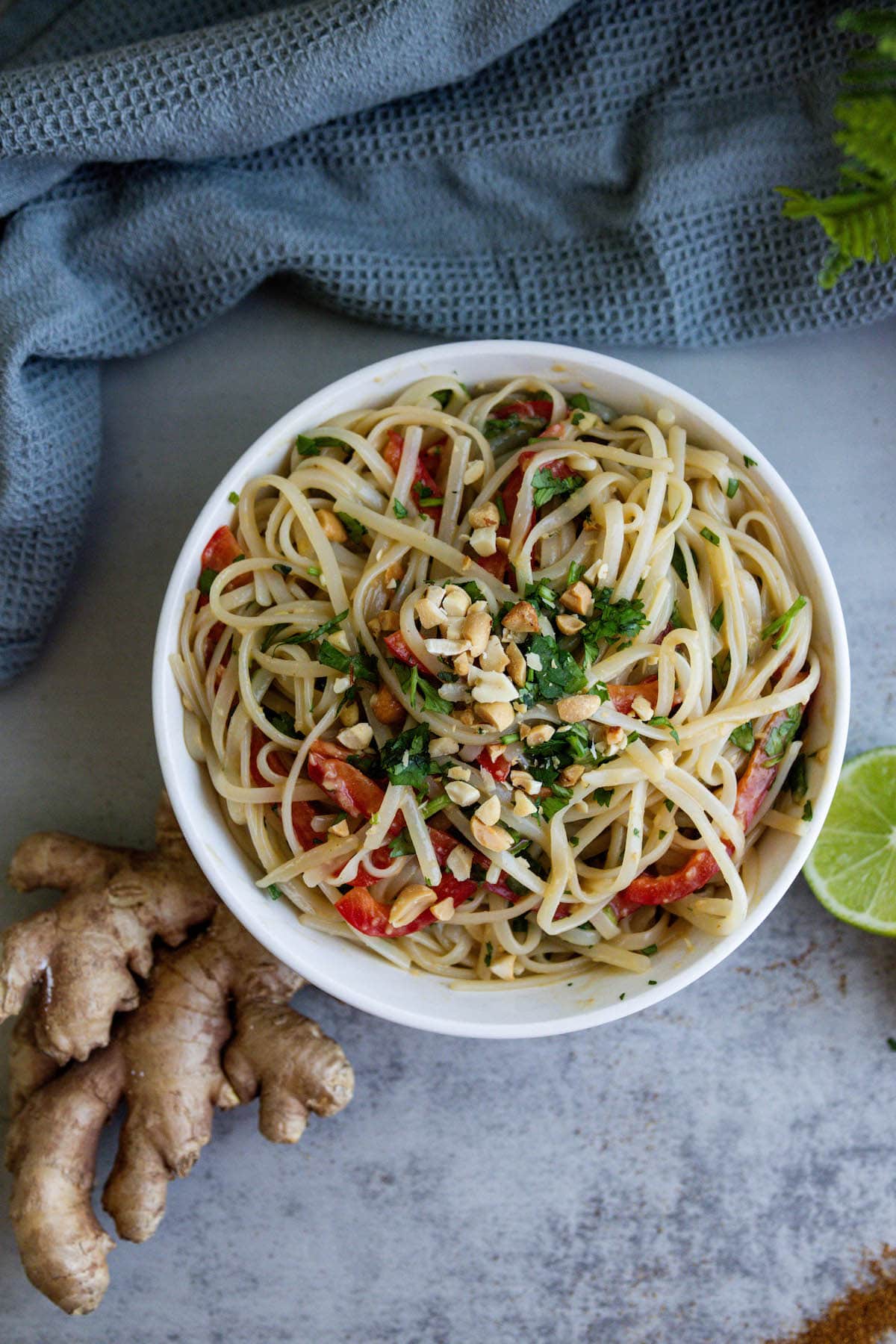 noodles, bell pepper, cilantro, and sauce, lime and ginger around them