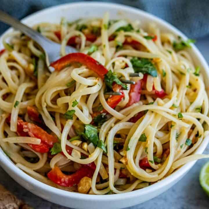 Thai peanut noodles in a white bowl with a fork, miso noodle salad.