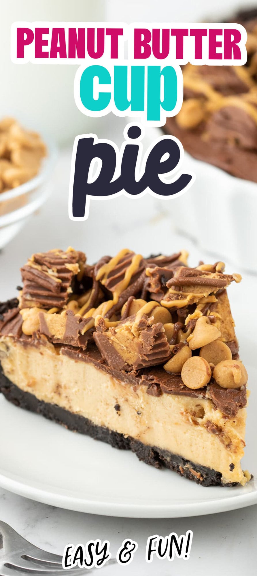 a pie with chocolate crust, creamy filling, and chocolate on it with peanut butter cups