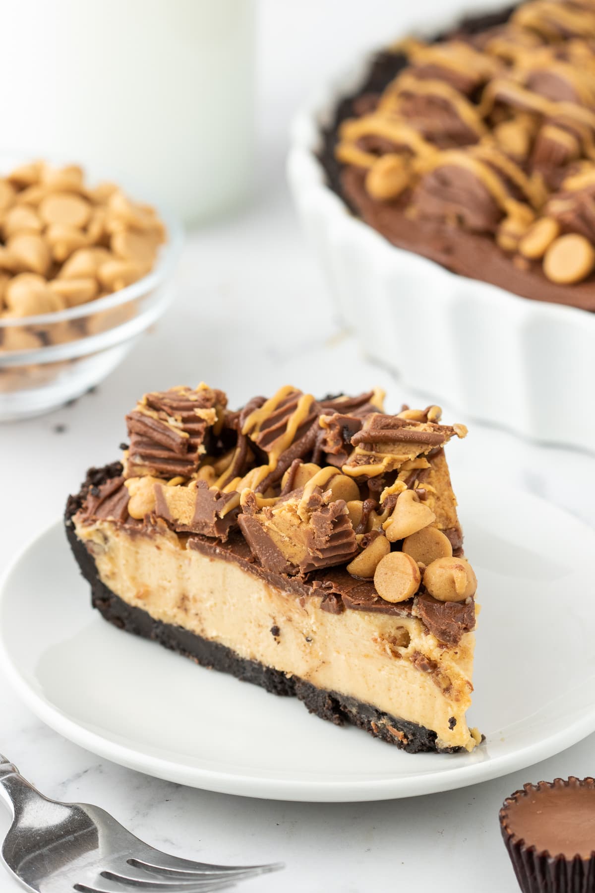 picture of a piece of pie with peanut butter cups on it and butterscotch chips, creamy filling, chocolate crust