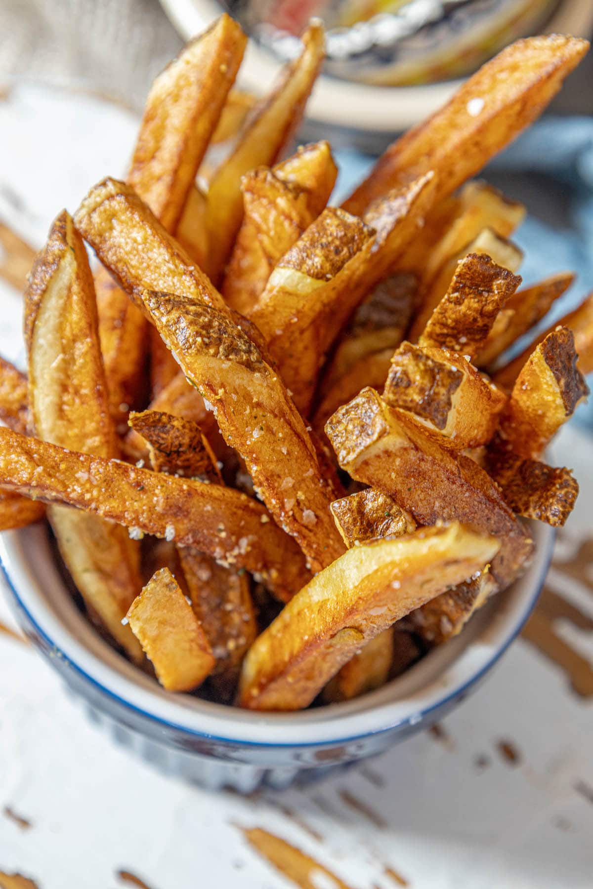 French fries on table.