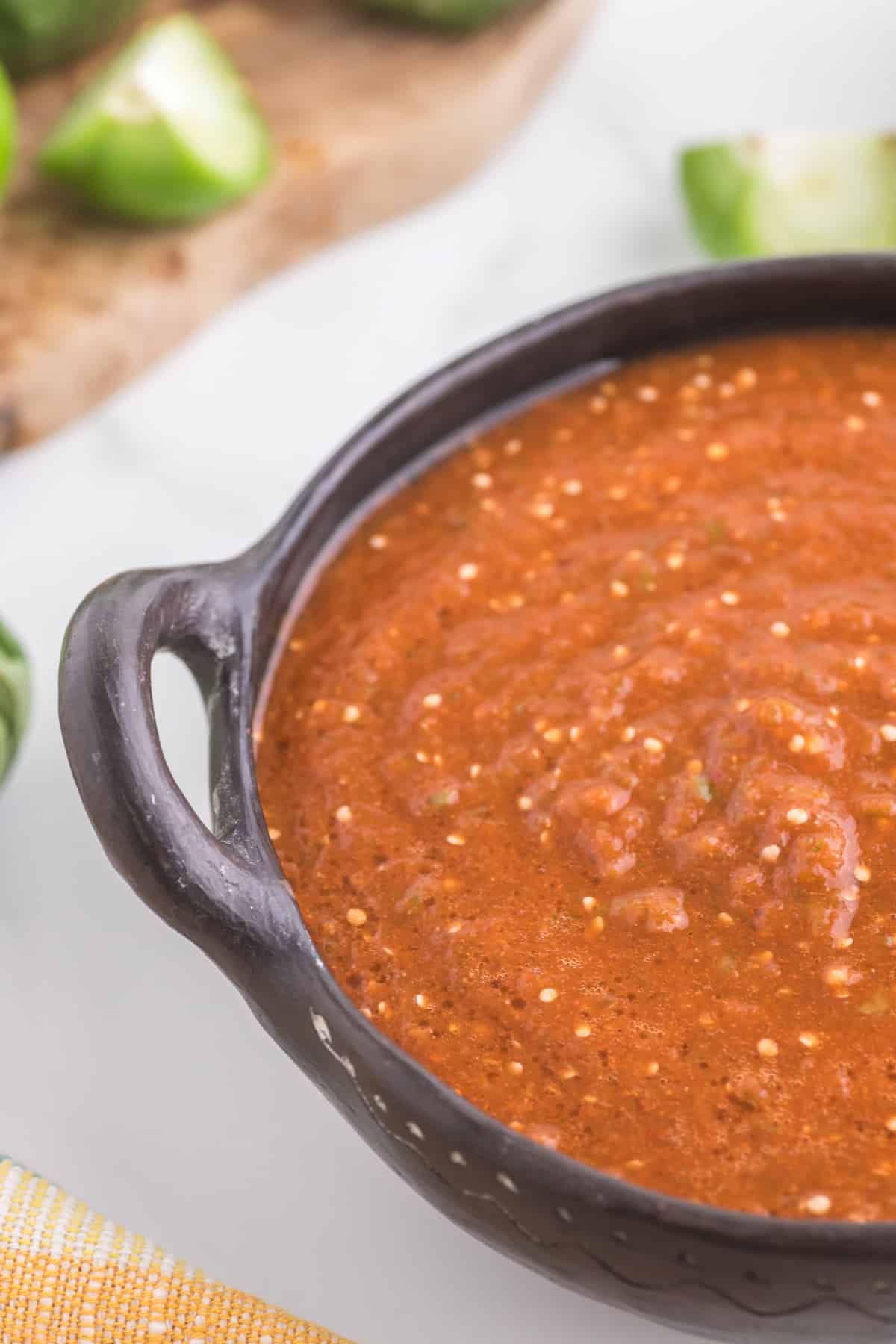 A bowl of tomato sauce with Copycat Chipotle Red Salsa.
