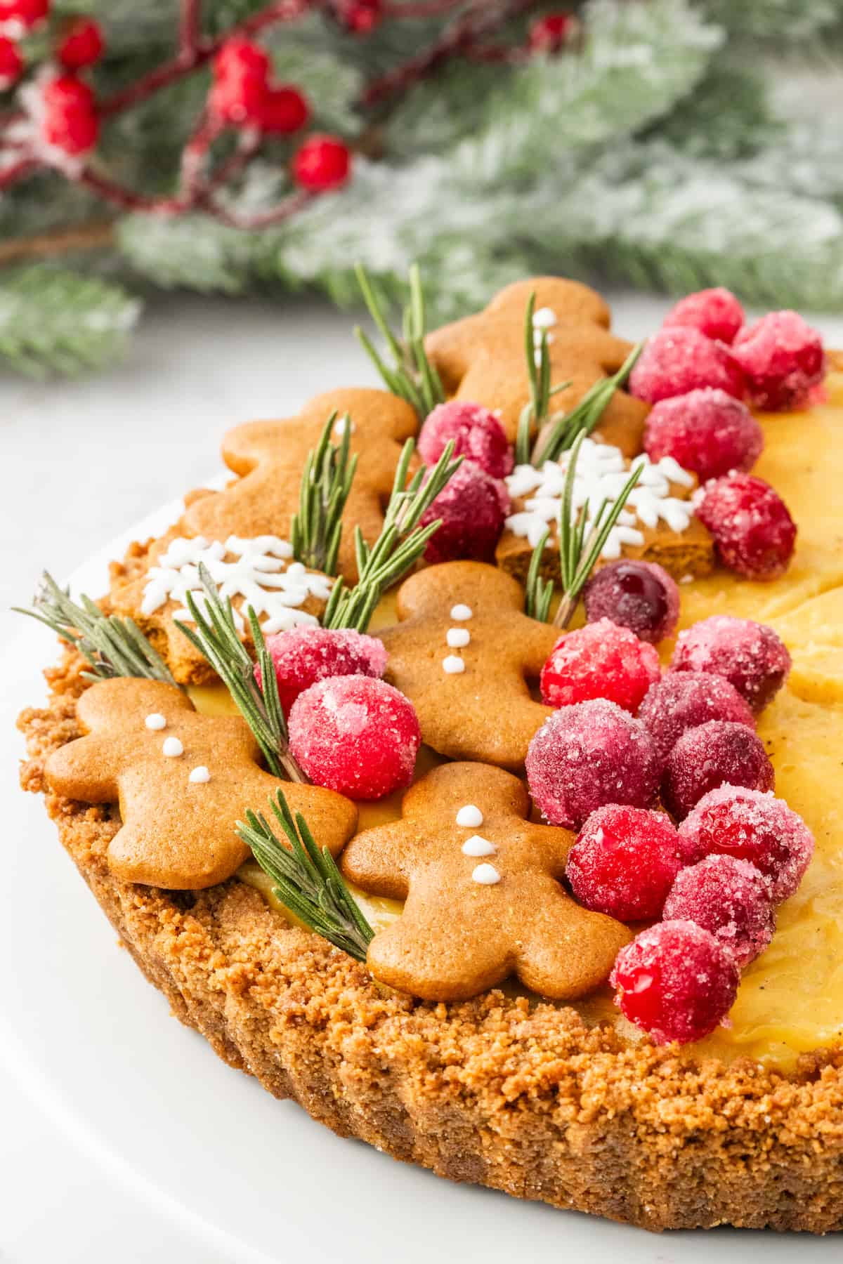 Gingerbread tart with cranberries and rosemary on a white plate.