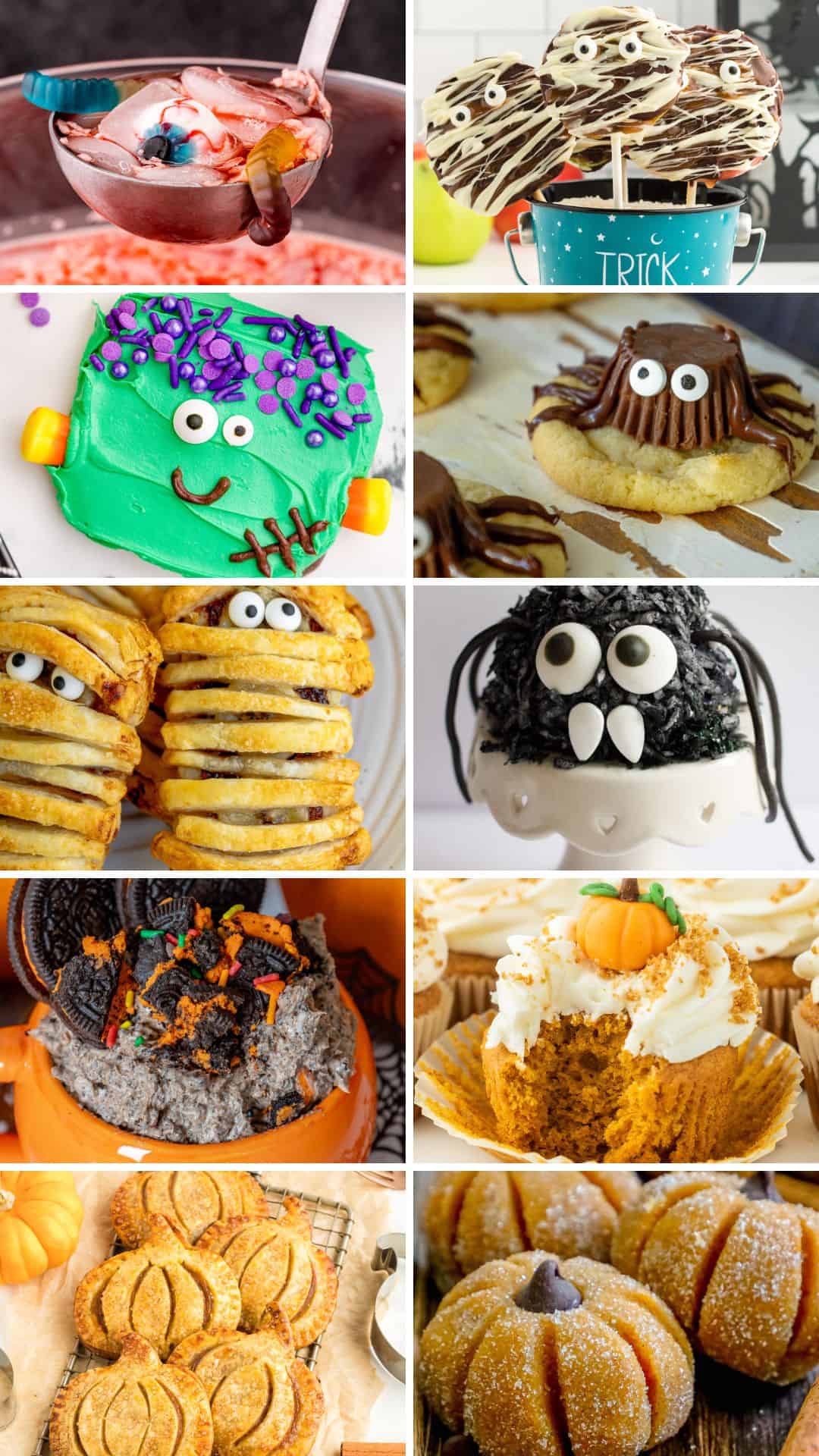 A collage featuring the best Halloween treats in the form of pictures of festive desserts.