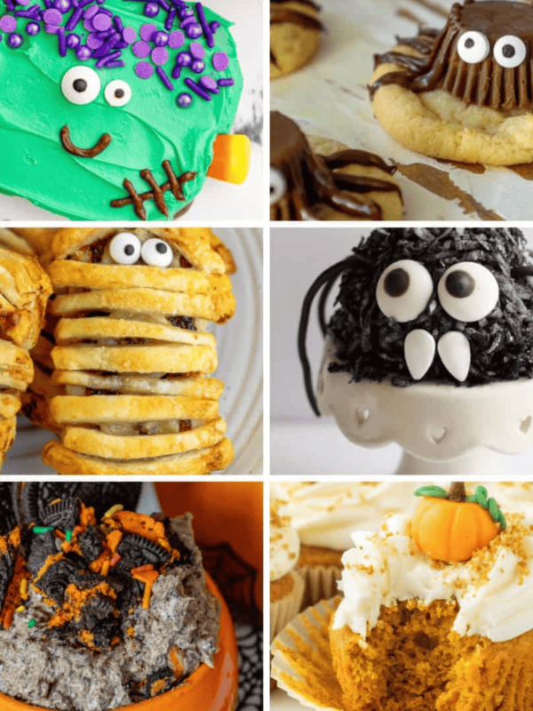 A collage of pictures of halloween desserts.