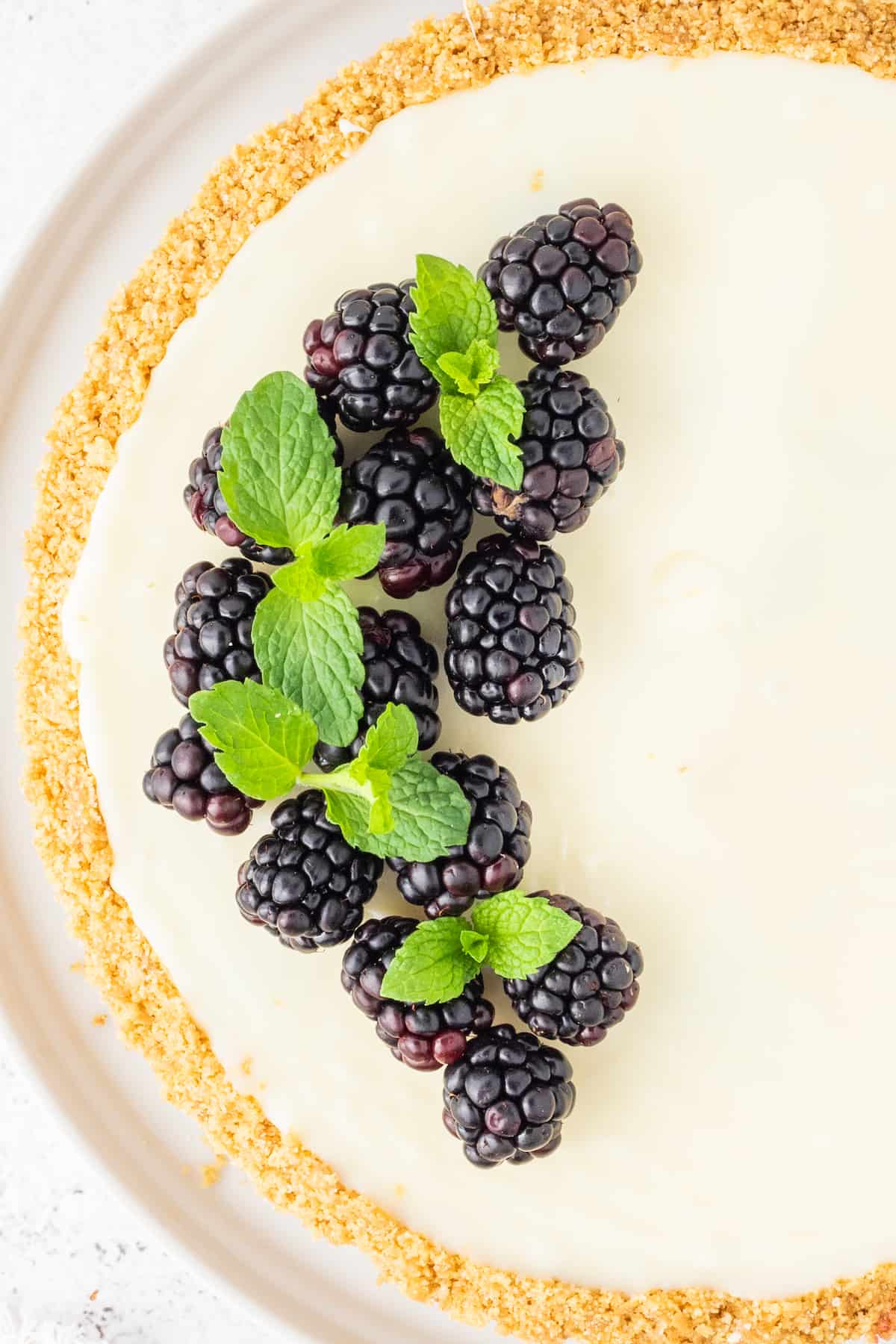 A White Chocolate Blackberry Tart with mint leaves on top.
