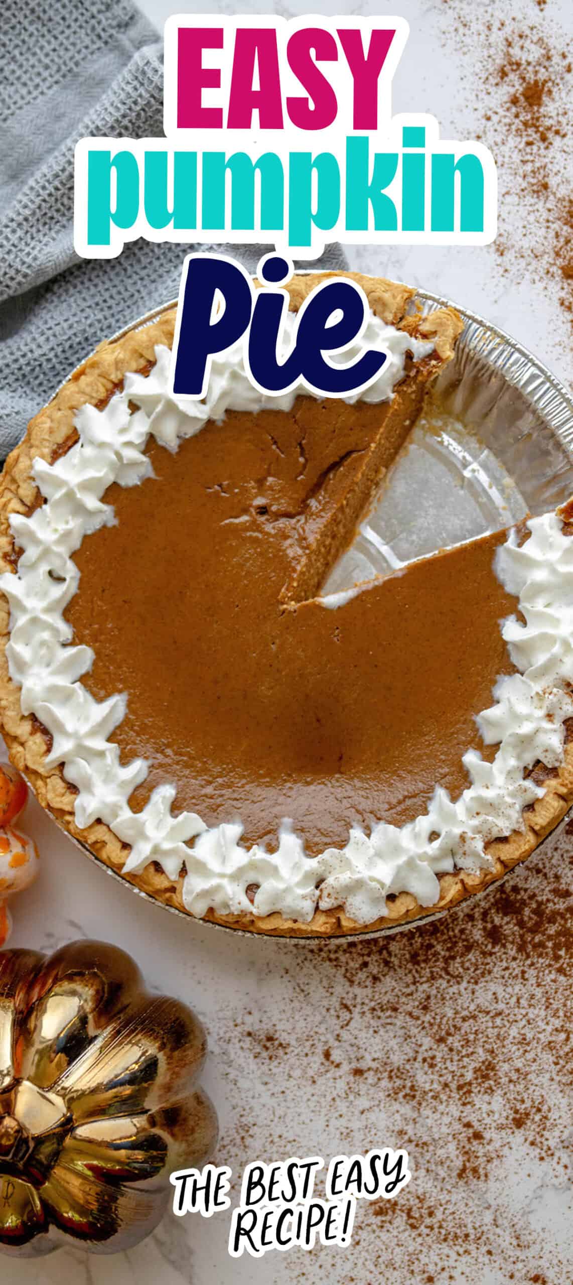 An easy pumpkin pie with a slice taken out.