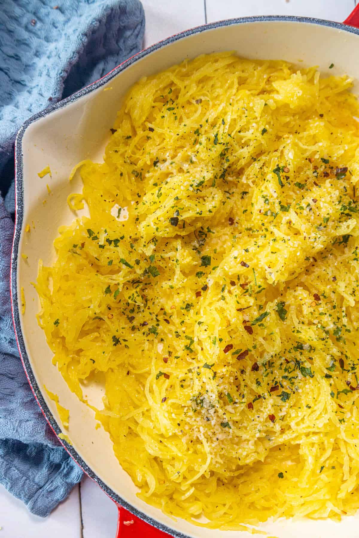 Easy yellow spaghetti squash skillet with parmesan cheese.