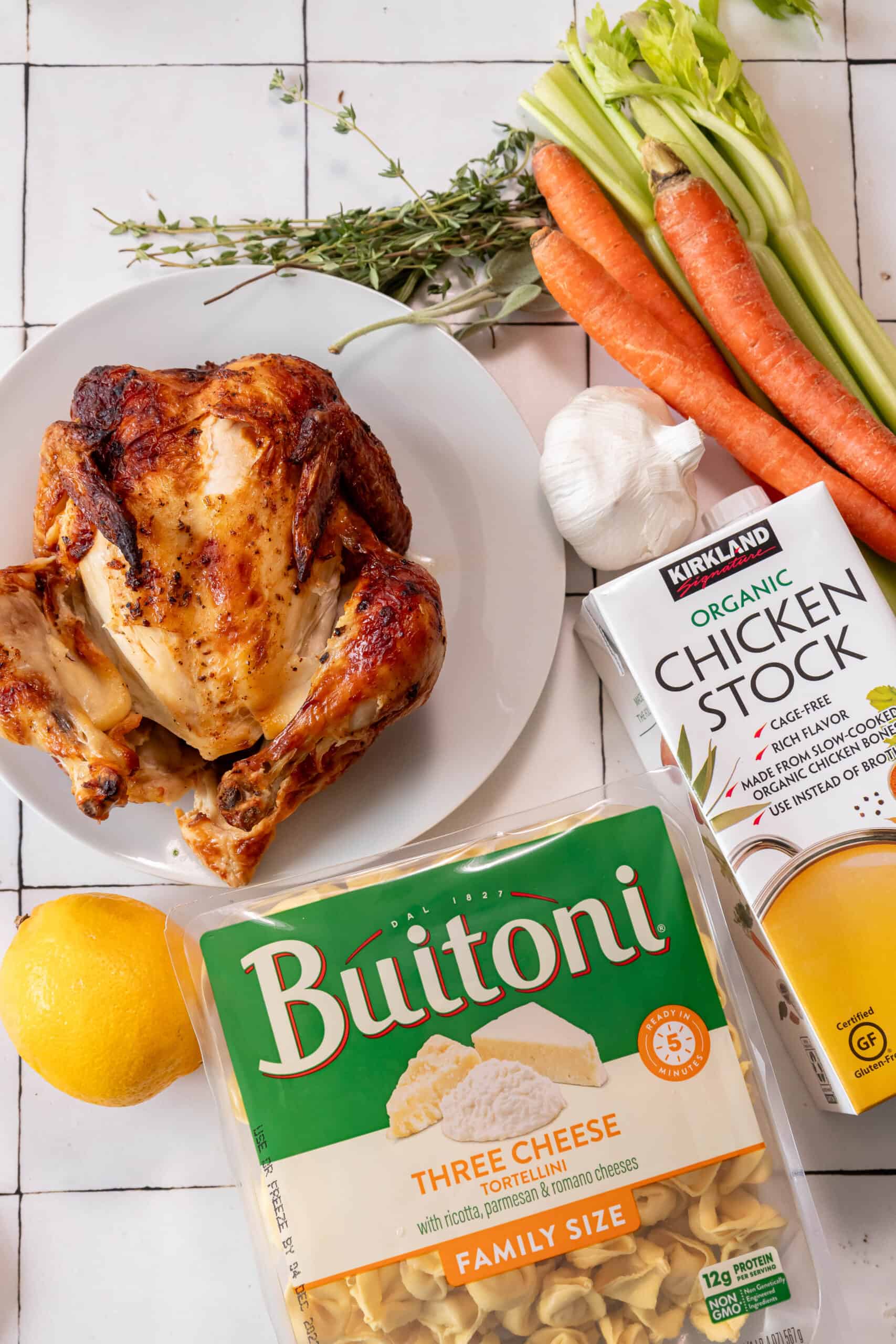 A package of lemon chicken tortellini soup on a table.