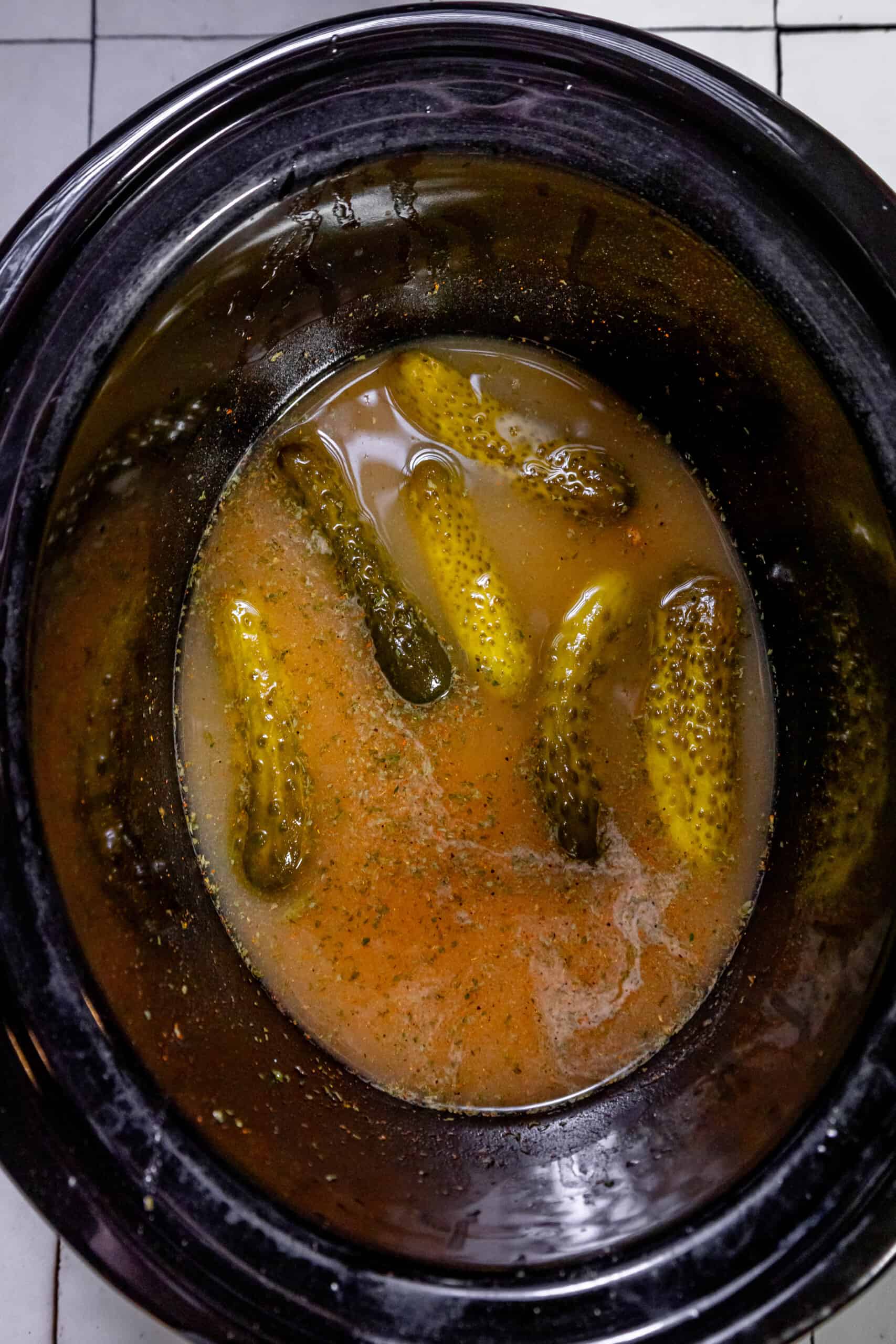 Pickles in a Pickle Pot Roast crock pot.