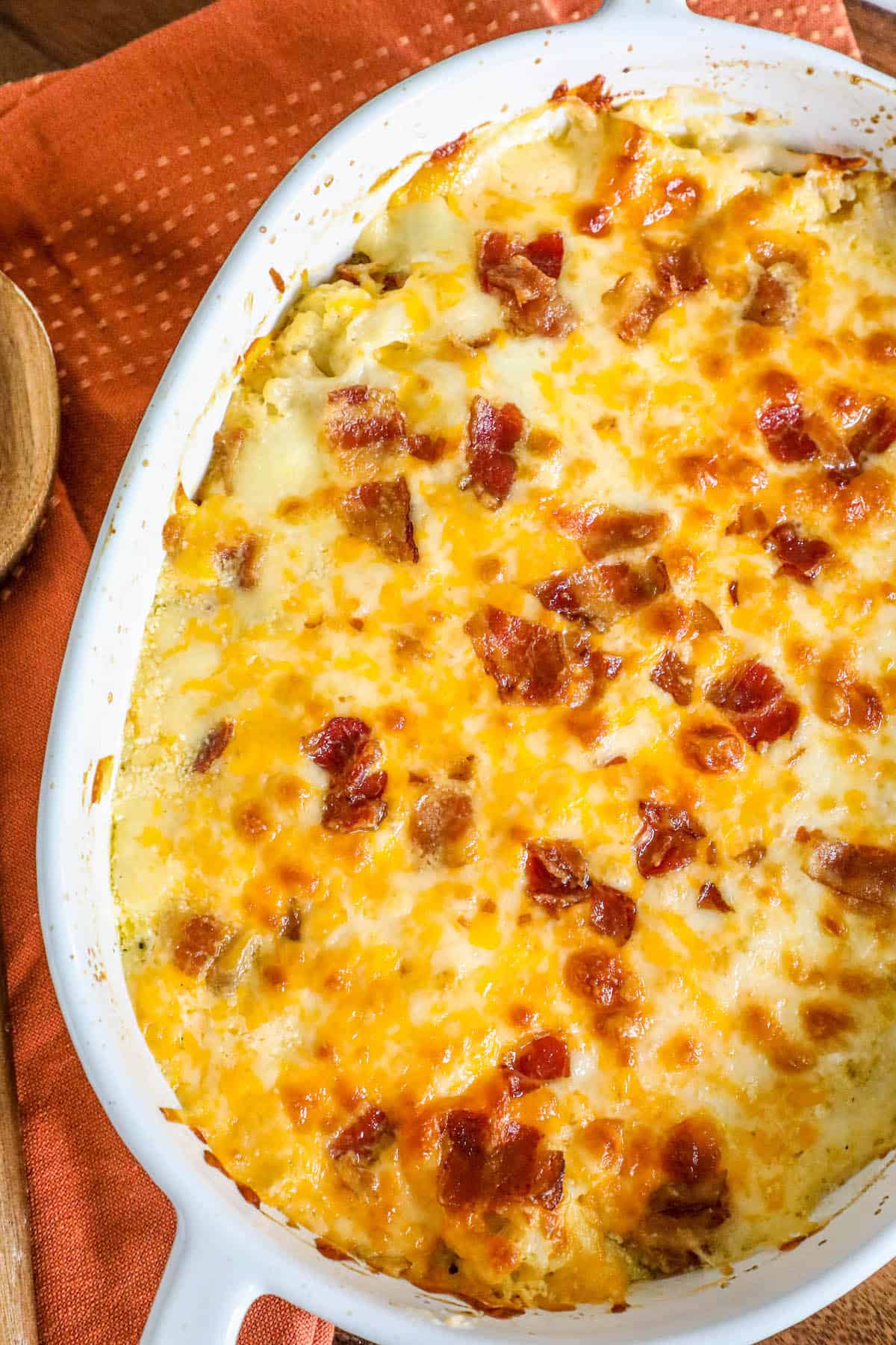 A broccoli and cauliflower casserole with bacon and cheese.