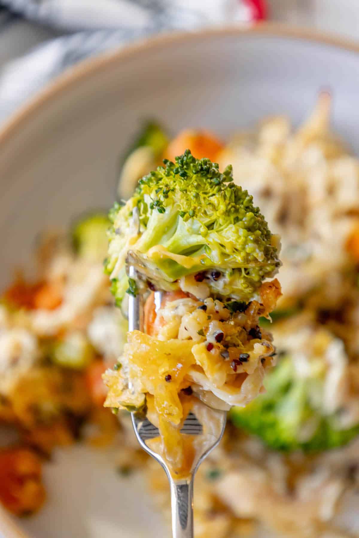 A cheesy fork full of broccoli and carrots on a plate.