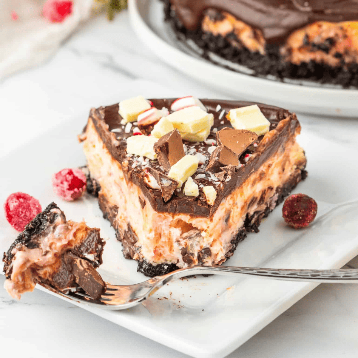 A slice of chocolate peppermint cheesecake with cranberries on a plate.