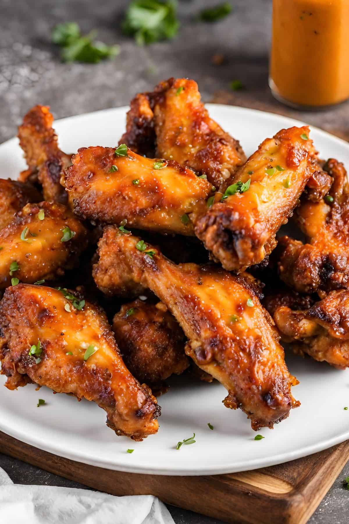 Baked chicken wings on a plate with sauce on the side.