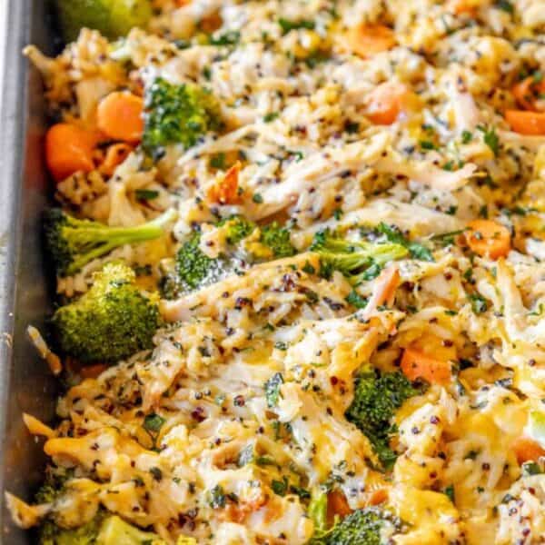 Chicken and broccoli casserole in a baking dish.