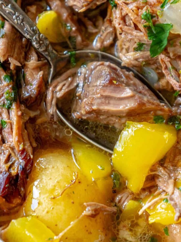 A hearty bowl of stew with tender chunks of meat, potatoes and carrots.