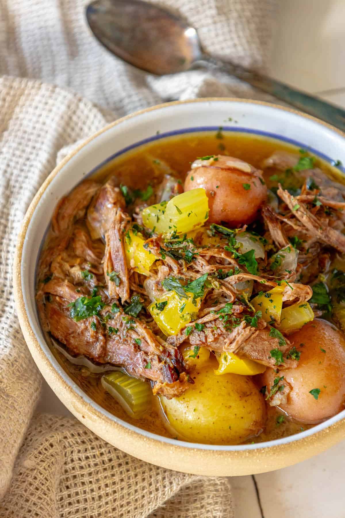A savory pot roast soup with tender chunks of meat and hearty potatoes.