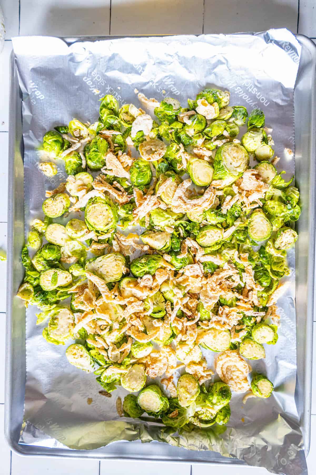 Roasted Brussels sprouts on a baking sheet.