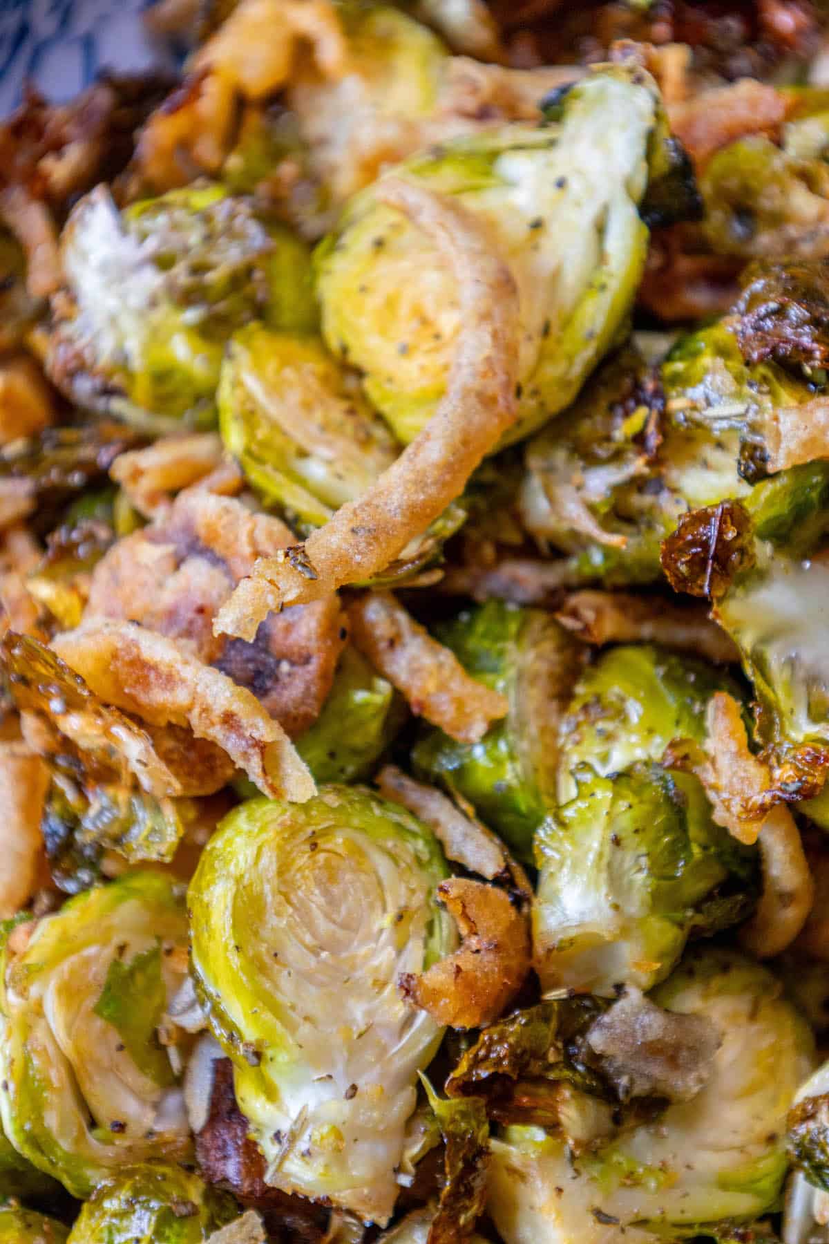 Roasted brussels sprouts with bacon and onions.