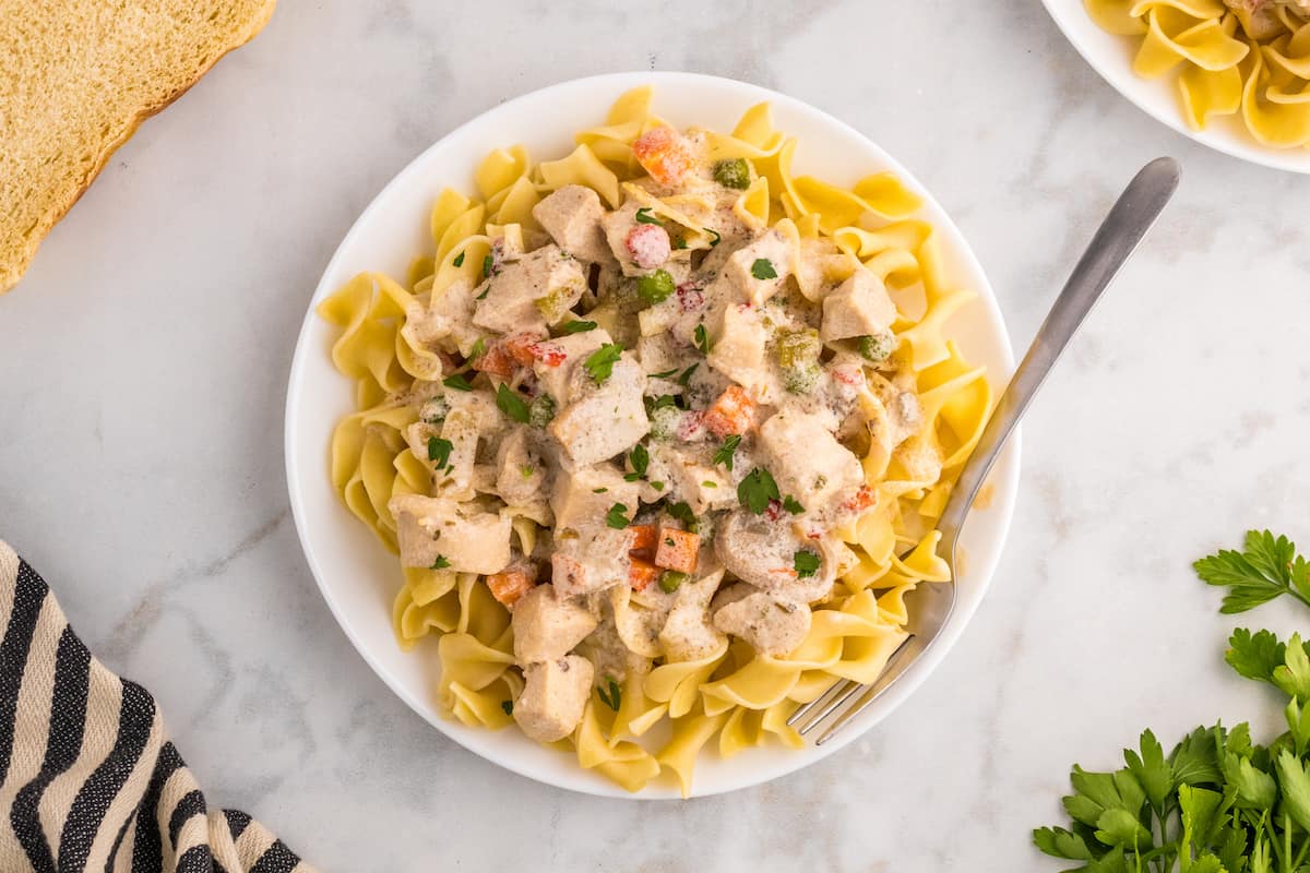 Slow cooker chicken a la king with vegetables served over pasta.