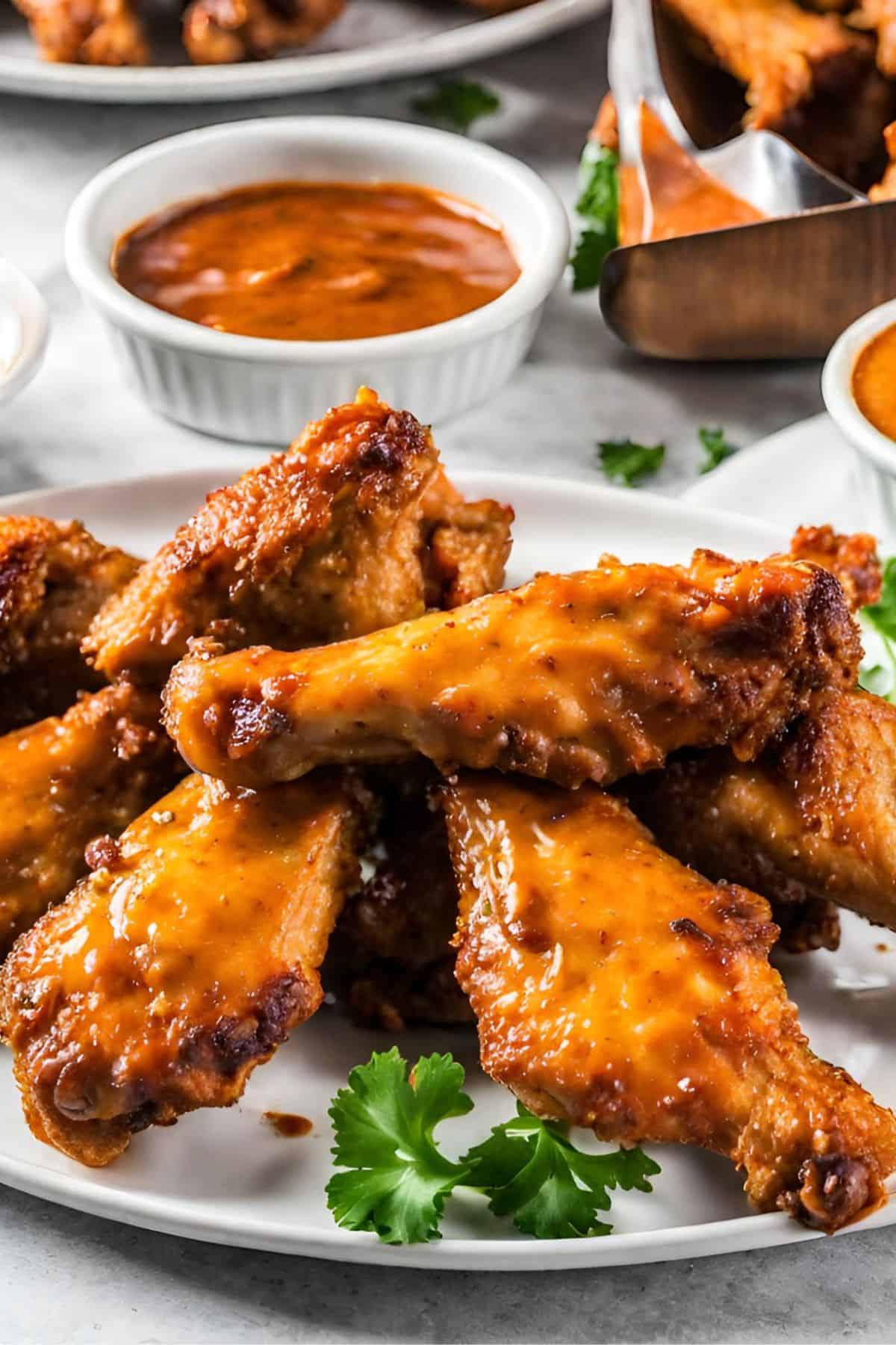 The best baked chicken wings recipe ever, coated in a flavorful sauce, showcased on a white plate.
