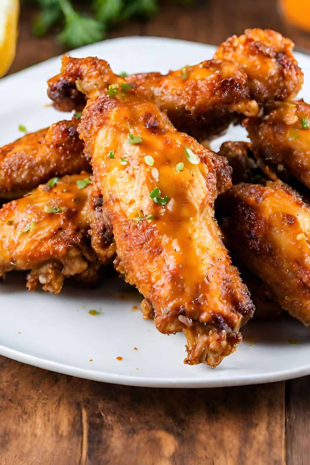 Crispy baked chicken wings on a white plate with lemon wedges.