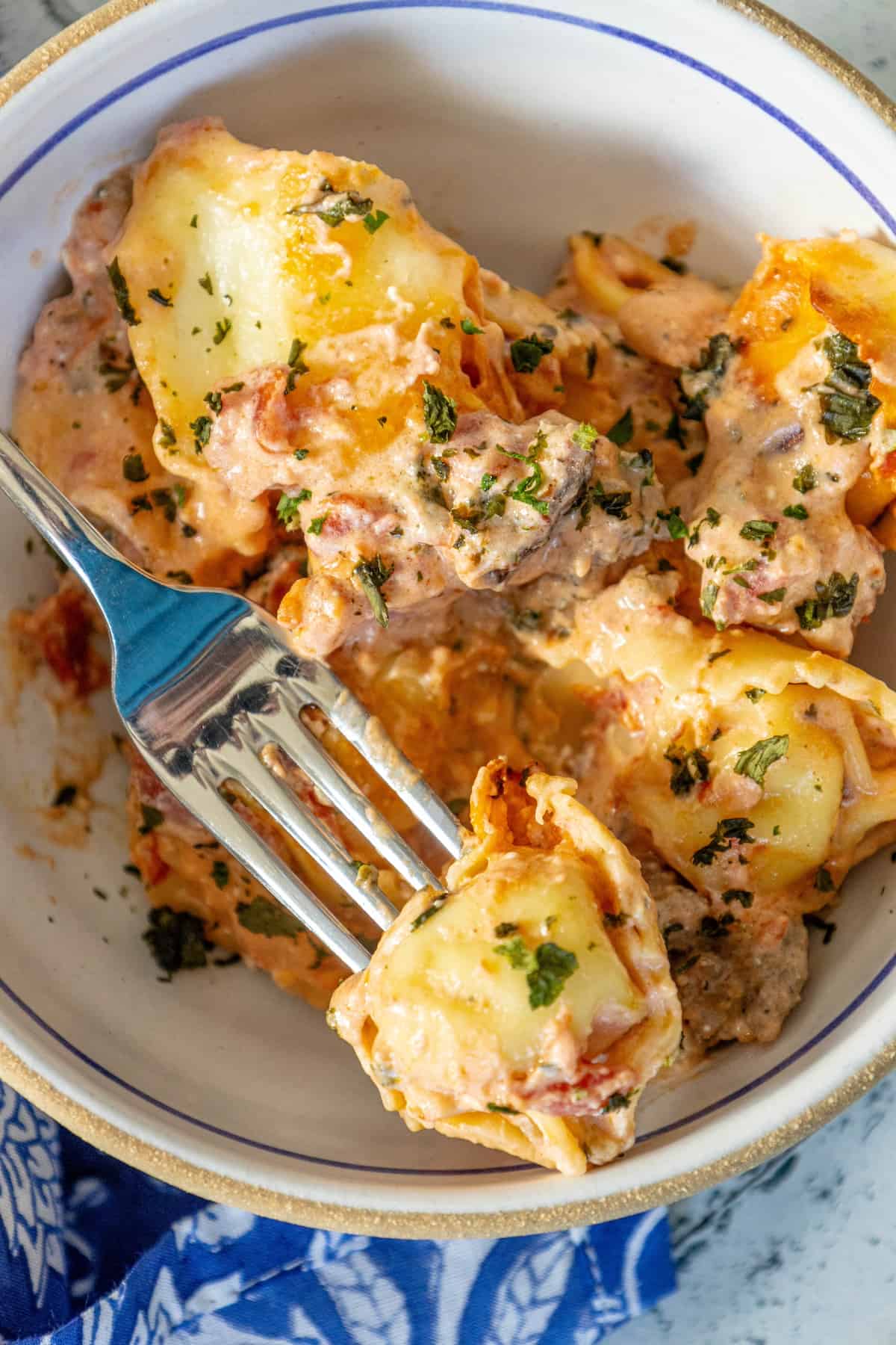 A cheesy bowl of tortellini pasta with meat in it.
