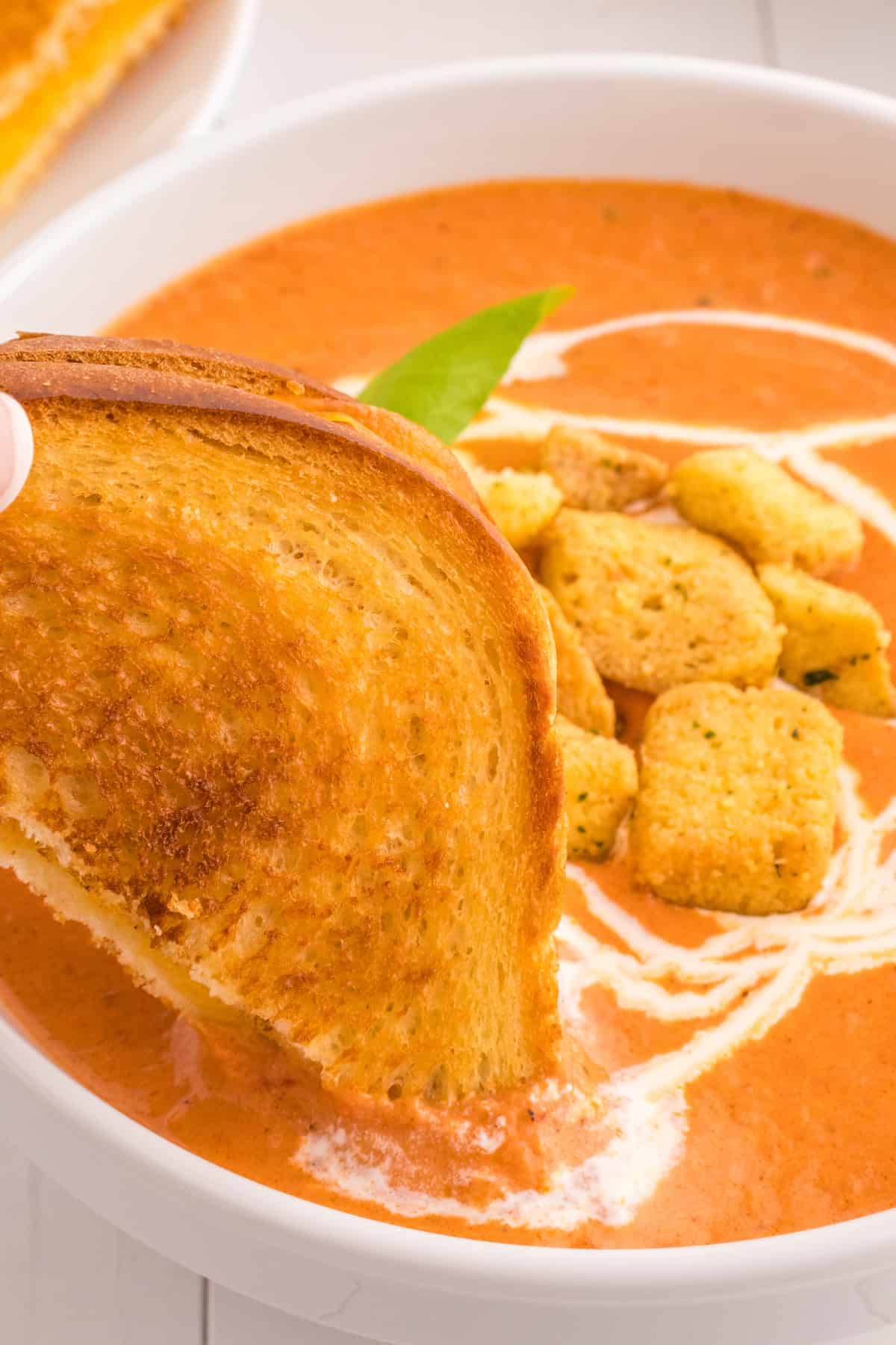 A creamy tomato soup with toasted croutons.