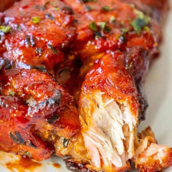Bbq chicken ribs on a white plate.