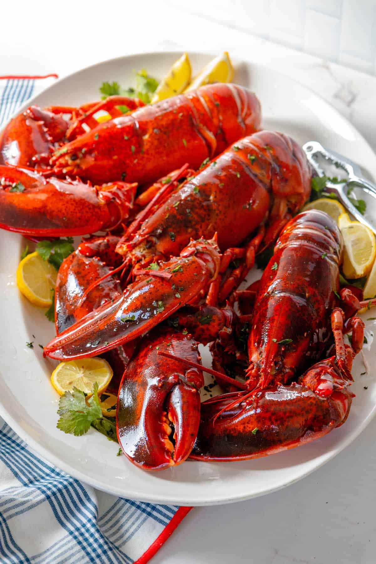 Lobsters cooked to perfection, displayed on a white plate with lemon wedges.