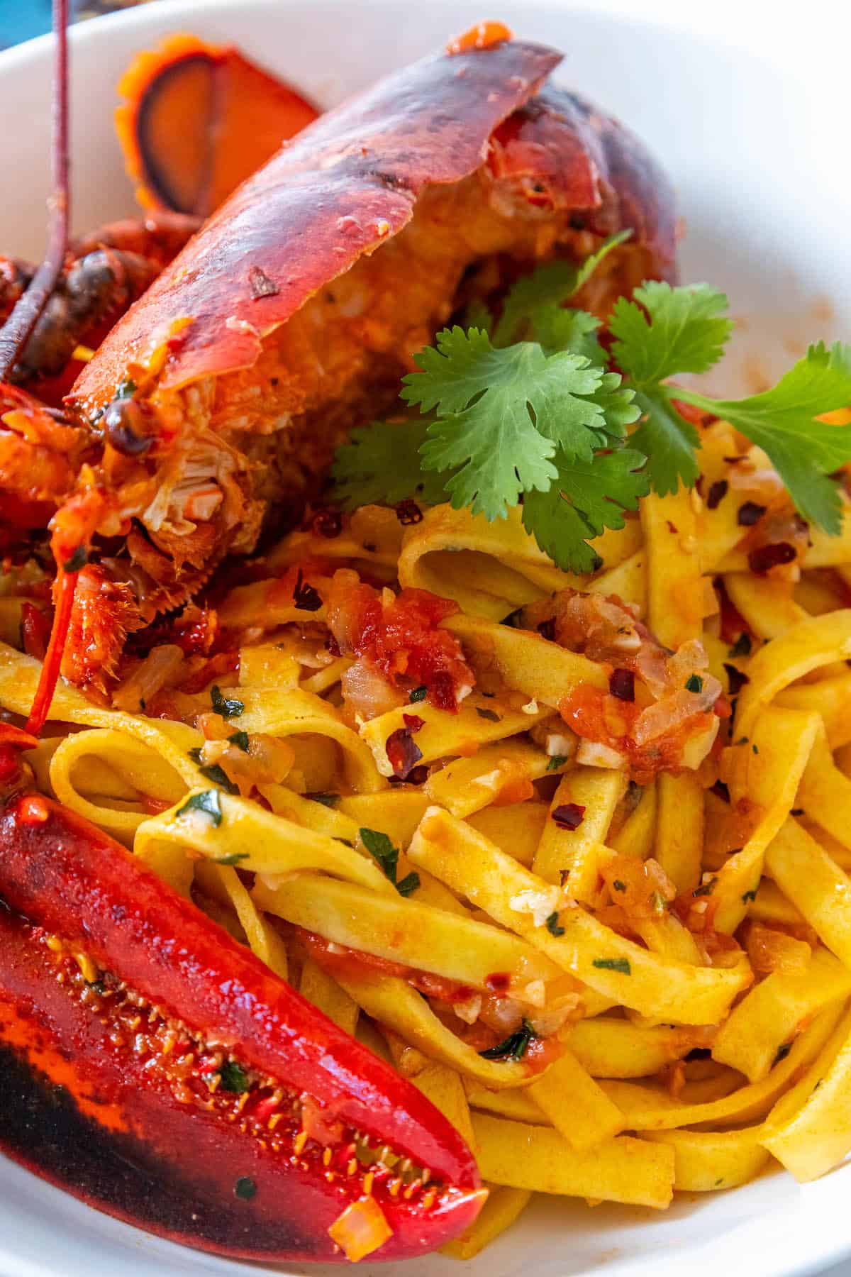 A plate of Busara Pasta with lobster and lobster sauce.