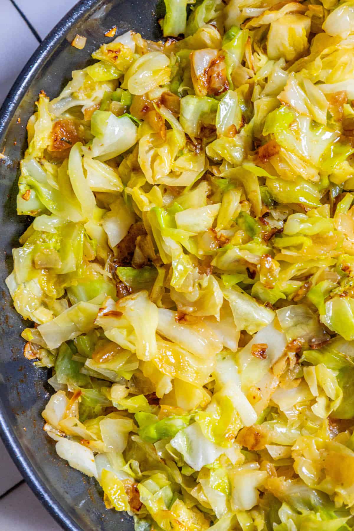 A classic saint patricks day cabbage recipe, this dish features sauteed cabbage in a skillet.