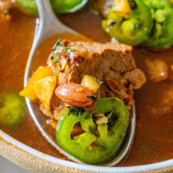 A spoonful of spicy beef stew with jalapenos.