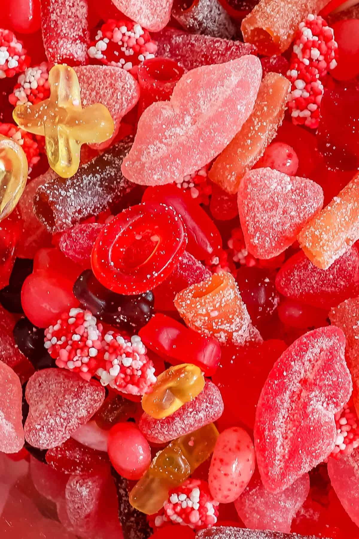 A close up of a pile of gummy candy.