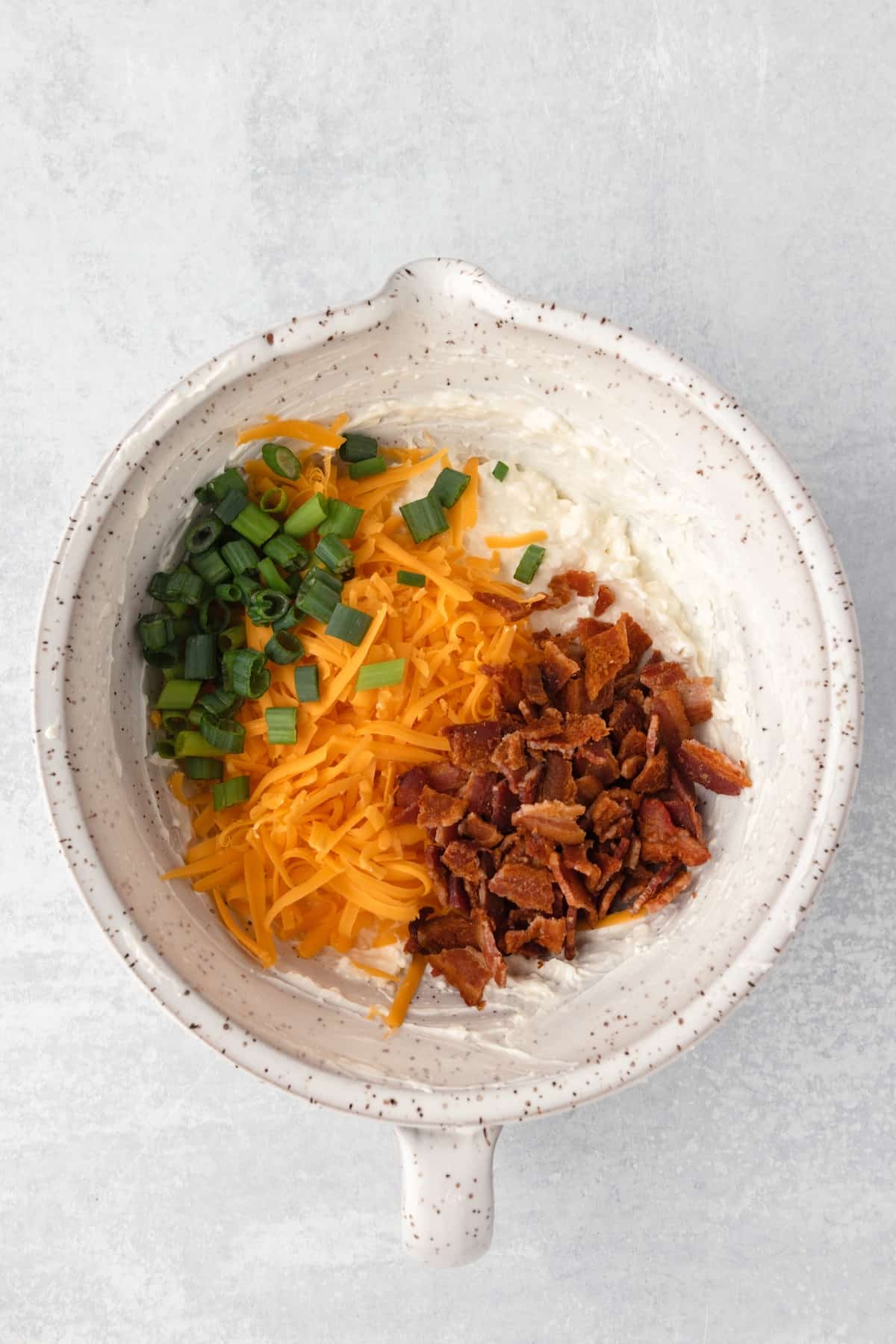 A bowl with cheese, bacon, and green onions, known as the Million Dollar Dip appetizer.