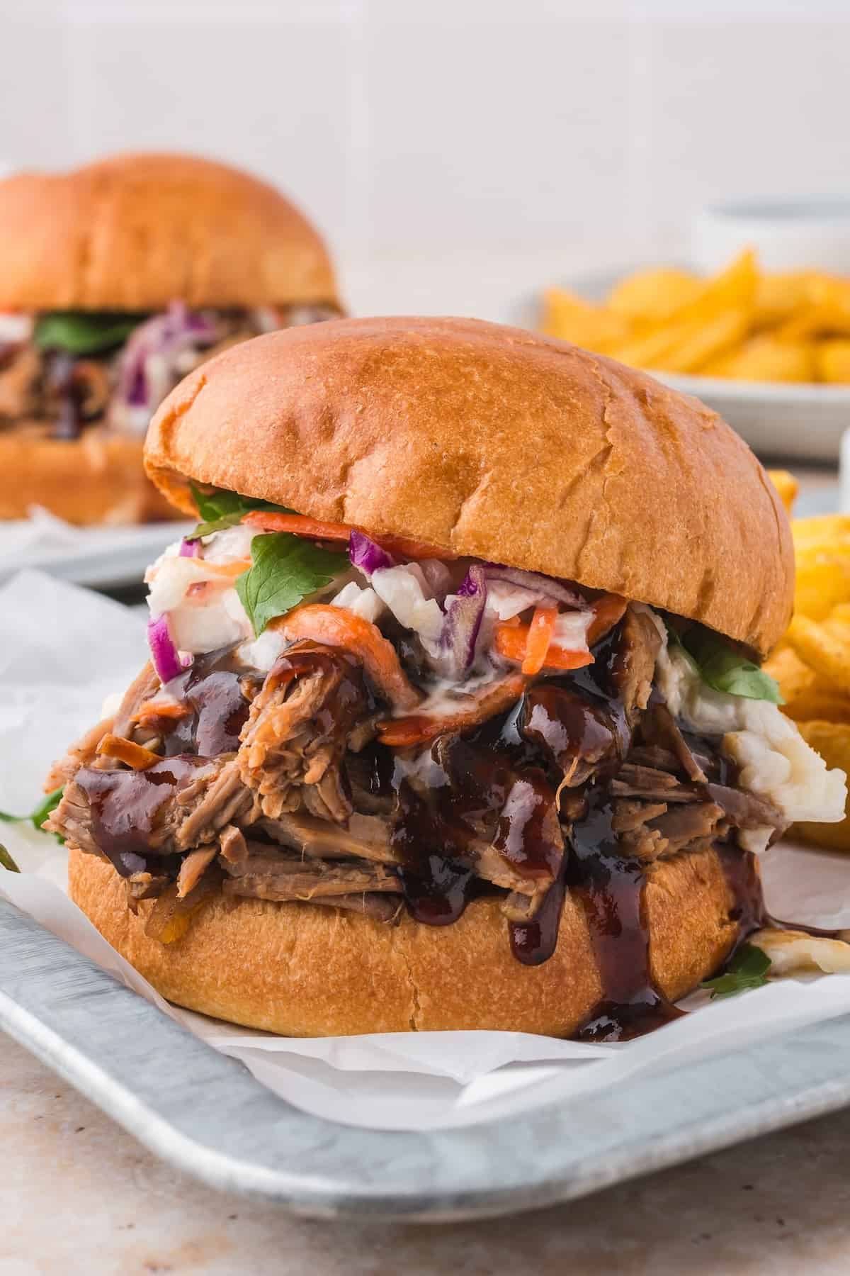 A close up of the best smoked pulled pork.