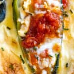 Chile Relleno-Stuffed Jalapeños with Cheese and Tomatoes, cooked in a Skillet.