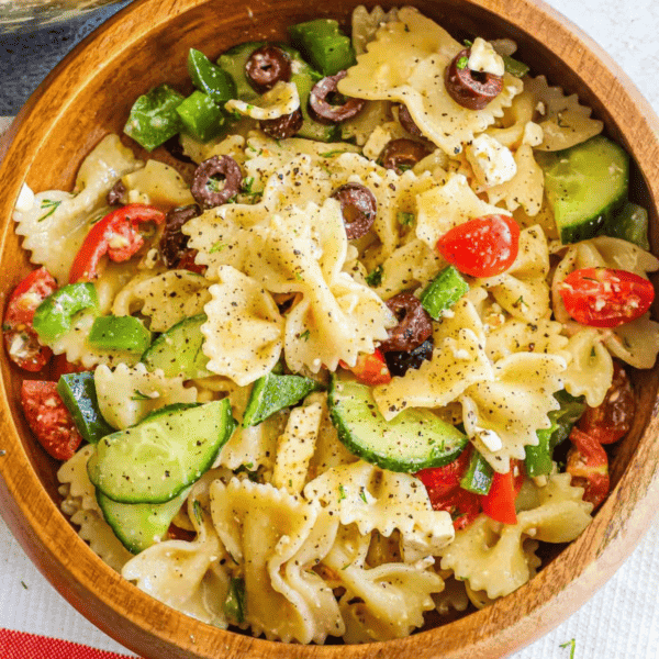 A bowl of Greek pasta salad with tomatoes, cucumbers, and olives.