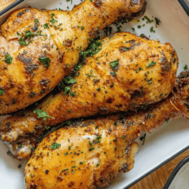 Three seasoned and roasted chicken drumsticks, reminiscent of a classic Chicken Leg Confit, garnished with chopped herbs in a white and black-edged baking dish.