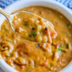 A close-up of a spoonful of thick, chunky soup with visible vegetables and tender pork, held above a bowl of the same green chile-infused soup.