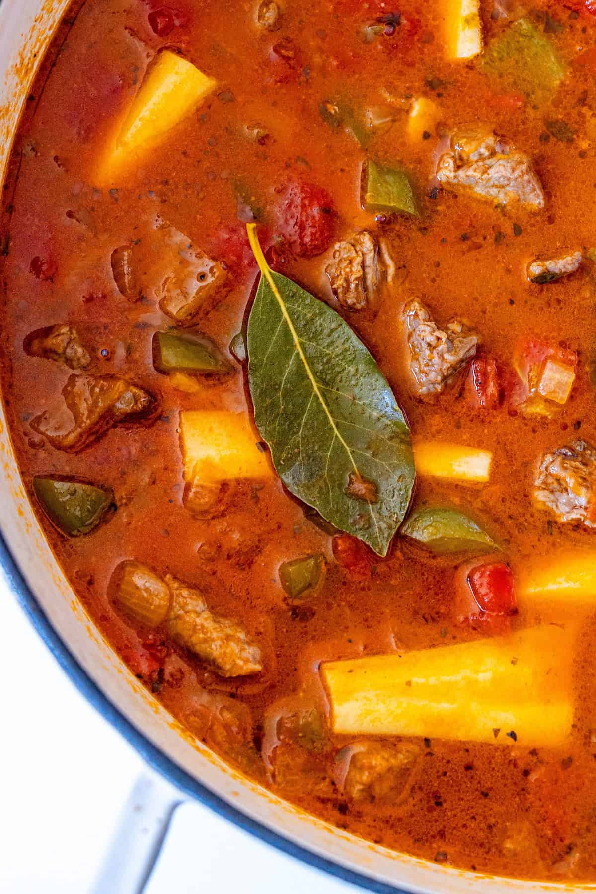 A pot of hearty beef stew featuring tender chunks of beef, potatoes, parsnip, green peppers, tomatoes, and a bay leaf simmered in a rich, red broth.