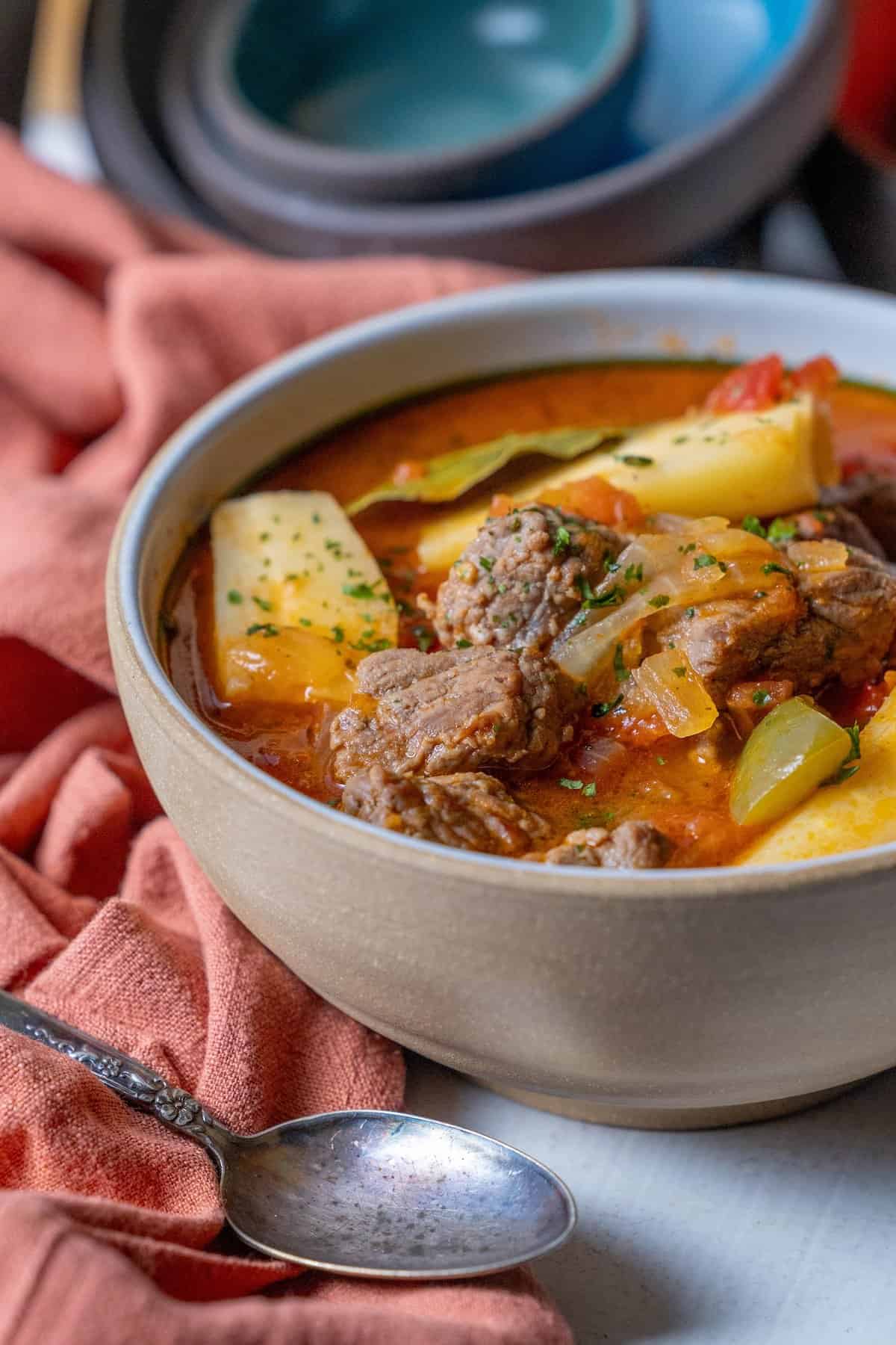 A bowl of hearty beef stew with tender potatoes, onions, and herbs sits invitingly on a table adorned with an orange cloth. A spoon rests beside it, ready to dive into the savory medley. The addition of parsnips elevates the dish's comforting flavors.